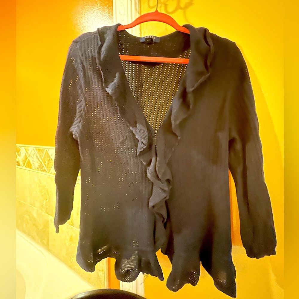 Chaps Navy Cardigan with ruffle detail and hook & eye clasps.